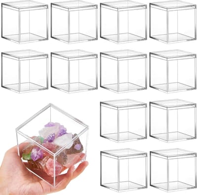 12 stuks doorzichtige vierkante kubus van acryl met deksel, decoratieve opbergdozen, sieradendisplaybox, mini-doorzichtige container voor thuis, snoeppil en kleine sieraden (10,5 x 10,5 x 10,2 cm)