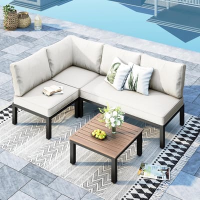Modulaire 2-Zits Terras Loungeset 63x63x32 cm | Weerbestendig Metalen Frame & Comfortabele Kussens | Inclusief Salontafel & Bijzettafels | L-vormige Tuinbank Set - Laura