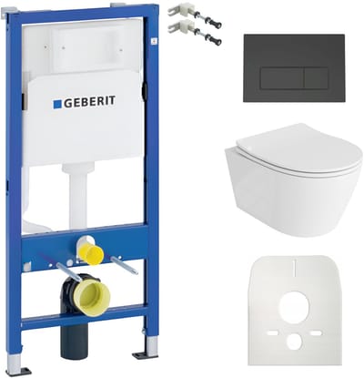 Inbouwreservoir Complete Toiletset Geberit Duofix Basic - Inbouw WC Hangtoilet Wandcloset PRAIA Wit Hoogglans - Bedieningsplaat DELTA Zwart - Voorwandelement - Installatiesysteem