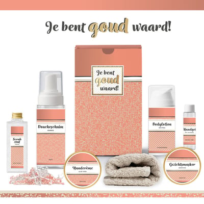 Geschenkset “Je Bent Goud Waard!” - 7 producten - 650 gram | Luxe Cadeaubox voor haar - Wellness Pakket Vrouw - Giftset Vriendin - Moeder - Cadeaupakket Collega - Cadeau Zus - Verjaardag Oma - Moederdag - Kerstpakket - Kerst Cadeau - Goud - Zalmroze