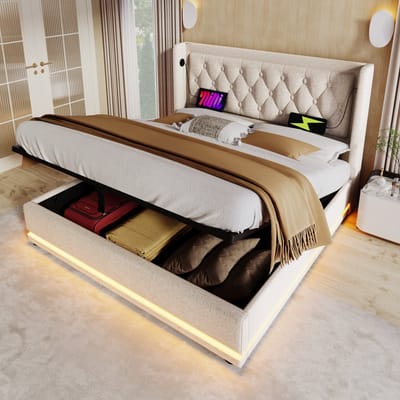 SINGULARITY-Gestoffeerd tweepersoonsbed 160 x 200 cm- beige- hydraulisch opbergbed- hoofdbord met USB Type-C- 3-zijdige LED- met matras