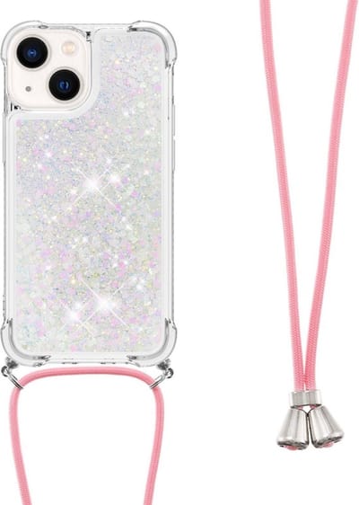 Coverup Hoesje - Geschikt voor iPhone 14 Hoesje - Coverup Liquid Glitter Back Cover met Koord - Wit