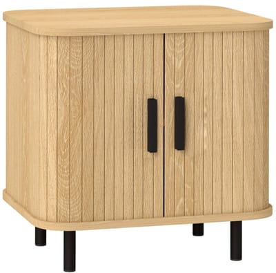 Nachtkastje Eiken Look met Schuifdeuren - Bijzettafel met 2 Legplanken - Houten Kastje met Stalen Poten - Slaapkamer & Woonkamer - 48x40x48 cm