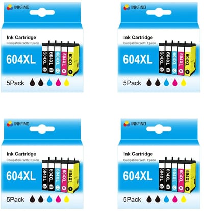 INKFIND 604XL voor Epson 604XL Epson 604 Epson604 Epson604XL inktcartridges multipack van 20 stuks (4 x 5pack= 8 x Zwart, 4 x Cyaan, 4 x Magenta, 4 x Geel) voor Epson Expression Home XP-2200/2205/3200/3205/4200/4205 Workforce WF-2910/2930/2935/2950