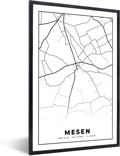 Fotolijst incl. Poster Zwart Wit- Stadskaart – Plattegrond – België – Zwart Wit – Mesen – Kaart - 40x60 cm - Posterlijst