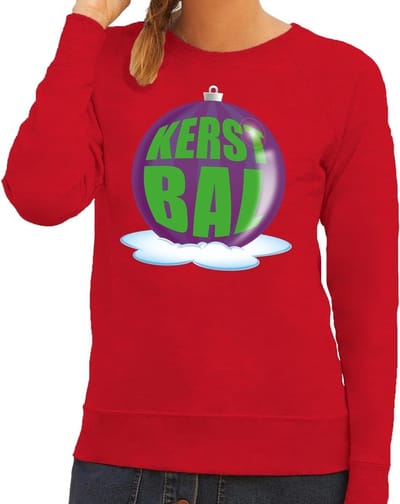 Foute kersttrui kerstbal paars op rode sweater voor dames - kersttruien XS