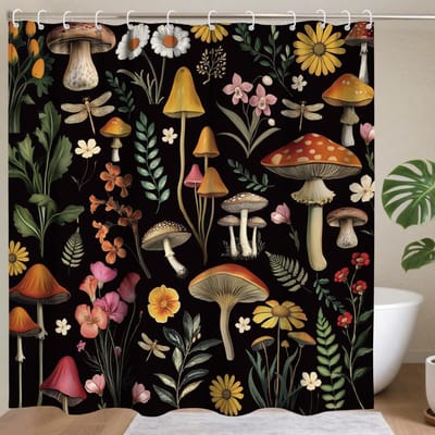 Dailygoods- Douchegordijn Waterdicht 183x183 cm - Bospaddenstoelen Print - Badkameraccessoires - Duurzaam Polyester - Inclusief 12 Haken - Natuurlijke Decoratie - Badgordijn