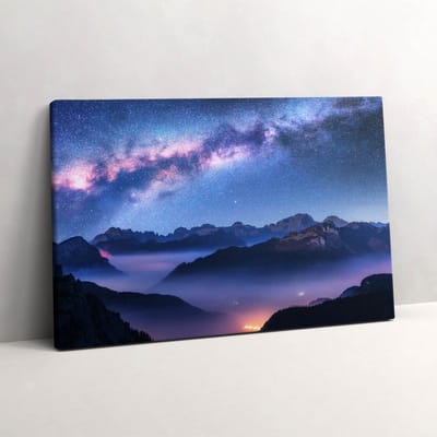 Wallfluent Foto Op Canvas Sterrenhemel boven de bergen - 60 x 40 cm - Blauw Schilderijen Op Canvas Doek - Landschappen Canvas Doek Foto - Natuur Print Van Doek - Kunst Canvas Schilderij