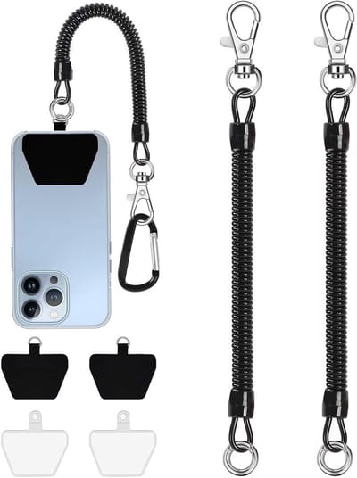 Set van 2 mobiele telefoonkabels met spiraalkabel en karabiner, anti-diefstal en elastische telefoonketting voor smartphone, ideaal voor outdoor, wandelen en reizen