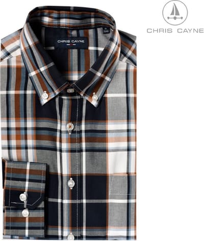 Chris Cayne heren overhemd lange mouw - borstzak - M - donkerblauw/bruin/offwhite - geruit patroon - Katoen - borstzak