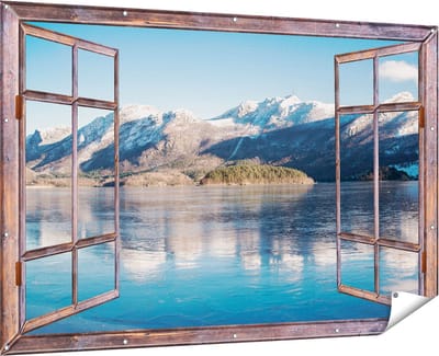 Gards Tuinposter Doorkijk Meer bij het Bergen Landschap in Noorwegen - 180x120 cm - Tuindoek - Tuindecoratie - Wanddecoratie buiten - Tuinschilderij