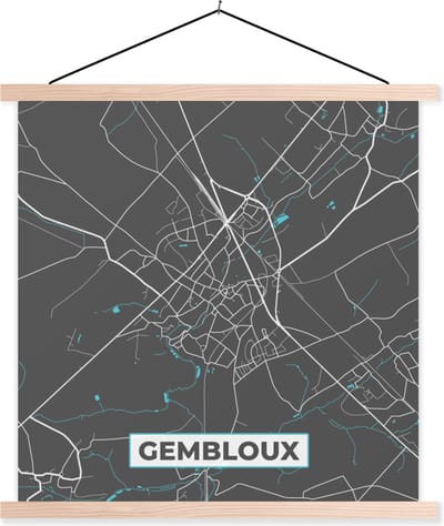 Posterhanger incl. Poster 40x40 cm - Schoolplaat - België – Gembloux – Stadskaart – Kaart – Blauw – Plattegrond - Textielposter - Blanke latten - Stadskaart