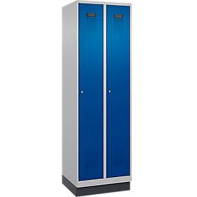 C+P Evolo Plus garderobekast, 2 vakken, 300 mm vakbreedte, met plint, rechts scharnier, cilinderslot, soft-close, inbraakwerend, B 600 x D 500 x H 1950 mm, alu wit RAL 9006/genziana blauw RAL 5010