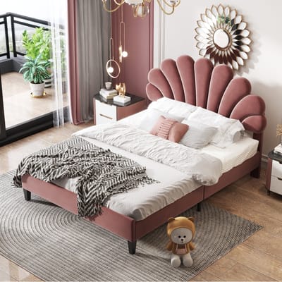 MODFU Gestoffeerd Bed 140x200 cm – Fluweel met bloem-hoofdeinde – 12 versterkte latten – Stijlvol – Bonenpastarood