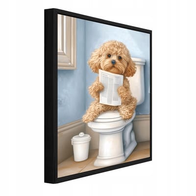 WALLARENA - Schilderij op canvas in zwarte lijst - 100x70 cm - grappige hond op toilet - badkamer wanddecoratie en toilet decoratie