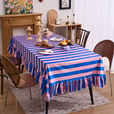 Gestreept Ruches Kant Tafelkleed Rond Stofbestendig Kreukbestendig Tafelhoes voor Keuken Feest Eetkamer Decoratie Tafelkleed 100x140cm