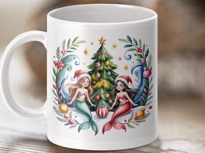 Mok Kerst Zeemeerminnen Mug, feestelijke mok, Zeemeermin kerstboom ontwerp, Nieuwjaar mok, feestdagen mok, Uniek Zeemeermin Cadeau Idee