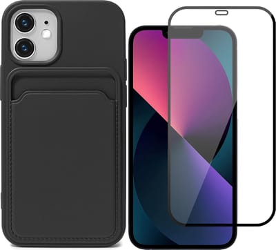 Hoesje Pasjeshouder geschikt voor iPhone 12 Mini Zwart - Siliconen Case Back Cover + Full Screen Protector Glas Screenprotector