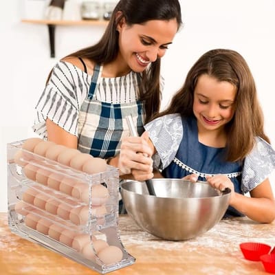 Famanu – Eierdoos voor koelkast, automatische dispenser met 4 niveaus met ritssluiting (30 eieren), stapelbare en transparante organizer, ruimtebesparend voor koelkastdeur, hoogwaardig PP-materiaal
