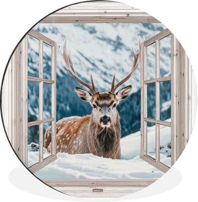 WallCircle - Wandcirkel - Muurcirkel - Hert - Winterlandschap - Natuur - Dieren - Doorkijk - Bergen - Aluminium - Dibond - 30x30 cm - Binnen en Buiten
