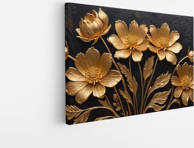 Saammp Canvas Schilderij - goud - Bloemen - Zwart - Abstract - 30x20 - Foto op canvas - Wanddecoratie - Muurdecoratie Woonkamer - Kantoor Decoratie