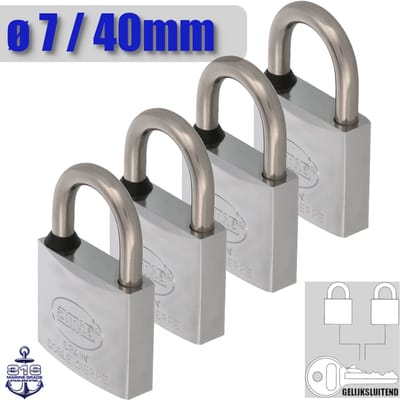 AMIG Hangslot Met dezelfde Sleutel - Ø7 / 40x70mm – RVS AISI 316 - Gelijksluitend – Marine Kwaliteit – Geweldige Bouwkwaliteit – Set 4 Stuks – KEY ALIKE