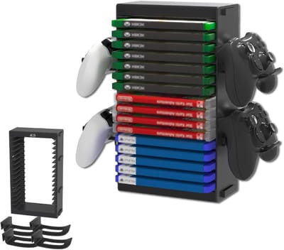 Video Game Opberg Tower met 4 Controllerhouders voor PS4, PS5, Switch, Xbox en Spelletjesdiscs - Ruimtebesparend en Organisatieoplossing