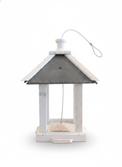 Vogelvoederhuisje voor Buiten - Hangend Voederhuisje met Leien Dak - Weerbestendige Voedersilo voor Tuinvogels - Geschikt voor Kleine Vogels zoals Mezen en Vinken - Houten Voederstation voor Tuin en Balkon - Animalking - Grijs / Wit