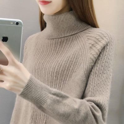Herfst en winter dames hoge hals pullover trui effen kleur losse binnenkant lange mouwen gebreide onderkant shirt S gray