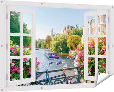 Gards Tuinposter Doorkijk Amsterdamse Kanaal met Bloemen - 150x100 cm - Tuindoek - Tuindecoratie - Wanddecoratie buiten - Tuinschilderij