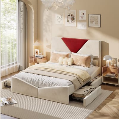Design Fluwelen Bed 140x200 Beige met Rood Design Paneel en 4 Lades – Modern Tweepersoonsbed met Opbergruimte