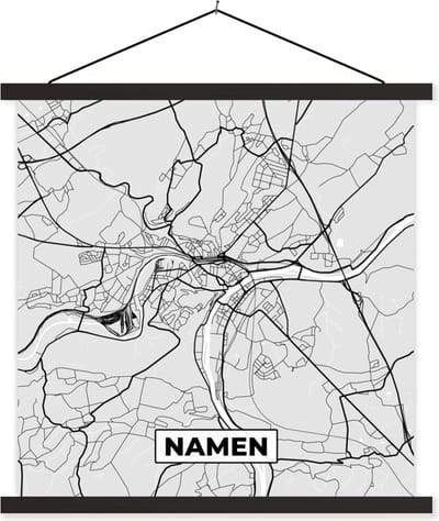 Posterhanger incl. Poster 60x60 cm - Schoolplaat - Plattegrond – Namen – Zwart Wit – Stadskaart - Kaart - Textielposter - Zwarte latten - Stadskaart