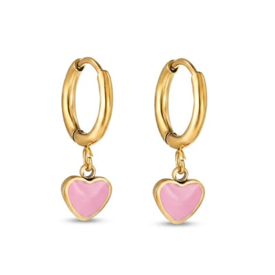WeLoveSilver - Oorringen - roze hartje - 17 mm - goudkleurig