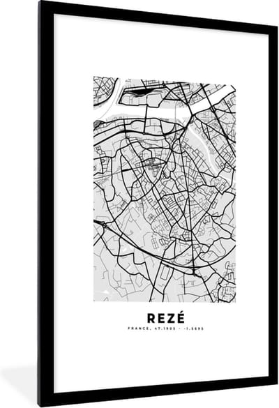 Fotolijst incl. Poster - Kaart - Stadskaart - Rezé - Plattegrond - Frankrijk - 60x90 cm - Posterlijst
