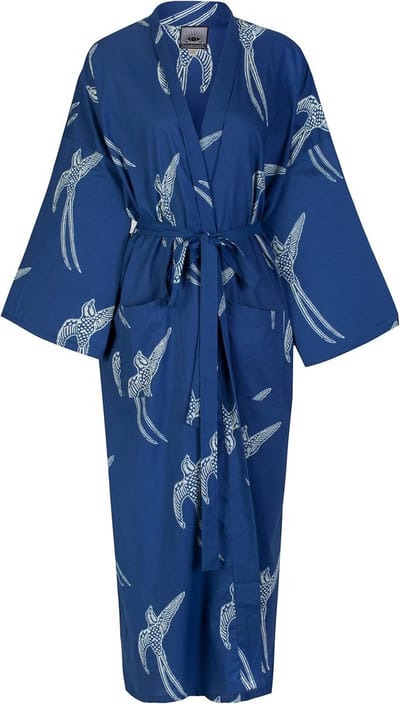 Dames Omslagdoek Katoen Kimono Kamerjas Lichtgewicht Handbedrukt Lange Blauwe Vogel