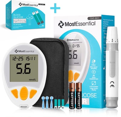 MostEssential Premium Glucosemeter Startpakket - Bloedsuikermeter - Bloedglucosemeter - Diabetes Meter - Alles in één set - Inclusief Opbergtas, Prikpen, 60 Teststrips & 60 Lancetten