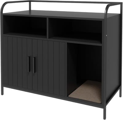 Kattenbak Meubel met Opbergruimte - Verborgen Kattenbak Kast met 2 Vakken, Dubbele Deuren & Zij-ingang - Kattenhuis & Bijzettafel - Zwart - 95 x 45 x 82 cm