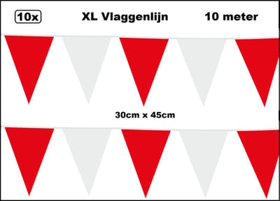 100 meter XL Vlaggenlijn rood/wit 30cm x 45cm - 10x vlaggenlijn rood/wit 10 meter - Giga vlaglijn themafeest party festival