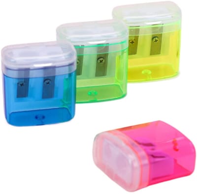 Dailygoods- Puntenslijper Set van 8 - Dubbel Gat - Handmatige Puntenslijper - Met Houder - Hoogwaardig Kunststof - Voor Kinderen - Potloodslijper