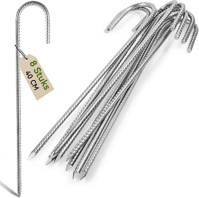 Set van 8 Zwarte Grondharingen 40cm Verzinkt Staal met J-haken voor Trampoline en Tent