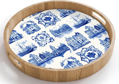 Dienblad rond 40x40 cm - Schootdienblad hout - Huizen - Schepen - Blauw - Borrelplank rechthoek - Plateau houten dienbladen