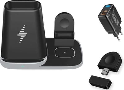 DrPhone LEVEL2 - 15W 4 in 1 Draadloze Oplader met Pennenhouder - Oplaadstation - Dock Station - Geschikt voor IOS iPhone Smartphones & iOS Smartwatch 38/40/42/44mm & iOS Draadloze TWS Oordoppen 2/Pro - Zwart