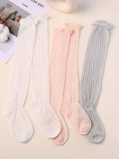 Lange Katoenen Baby Sokken voor Meisjes, 3 Paar, Ideaal voor Lente en Zomer, Geschikt voor 1-3 Jaar, Wit