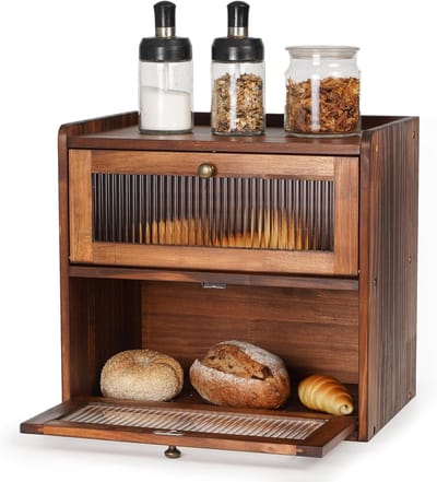 Famanu - Broodtrommel Houten Brood Opbergdoos voor Keuken Aanrecht Dubbeldekker Grote Voedselcontainer Zelfgemaakte Voorkant Opening Vintage Hoge Broodkast Houd Vers 36.5x24x34 cm(Bruin, L)