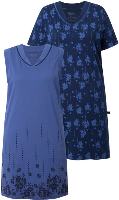 Ulla Popken - Dames - Bigshirts set van 2 bloemen V-hals korte mouw/mouwloos - Licht zeilblauw - Maat 42+