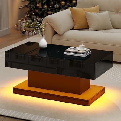 Pugsdrly 100*50*45 cm Salontafel, salontafel met 2 lades, glanzende bijzettafel, salontafel met LED-lichtstrip, zwarte salontafel met strak design