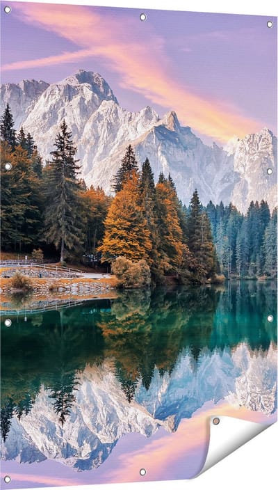 Gards Tuinposter Meer met Weerspiegeling van de Bergen - 80x120 cm - Tuindoek - Tuindecoratie - Wanddecoratie buiten - Tuinschilderij