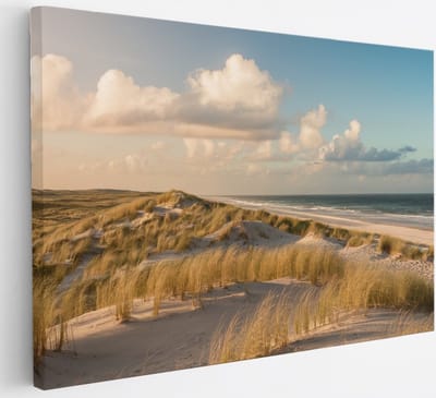 Saammp - Canvas Schilderij - Strand - Helmgras - Zee - 30x20 - Foto op canvas - Wanddecoratie - muurdecoratie Woonkamer - Slaapkamer decoratie - Canvas Print