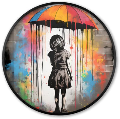 Poster in lijst Rond - Fotolijst 60x60 cm - Posters - Meisje - Kunst - Paraplu - Graffiti - Kleuren - Muur - Ronde posterlijst zwart - Decoratie - Wanddecoratie woonkamer - Muurdecoratie slaapkamer