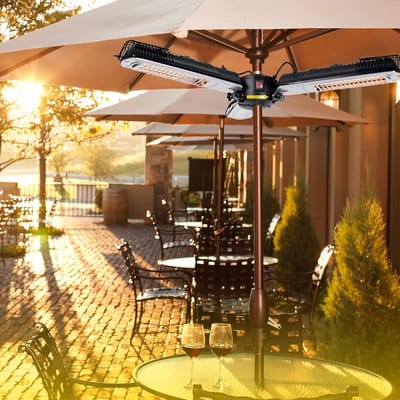 SolarHeat Pro 2000W Parasol Heater met 3 Warmtestanden (650/1300/2000W), Geschikt voor Parasolstokken Ø25-60 mm, Infrarood Terrasverwarmer met Kantelbeveiliging voor Buiten